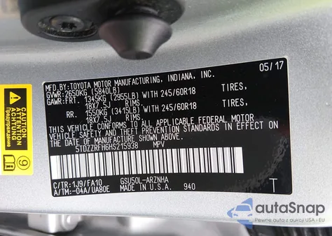 2017 Toyota Highlander Le Plus from USA, damaged, VIN 5TDZZRFH6HS215938